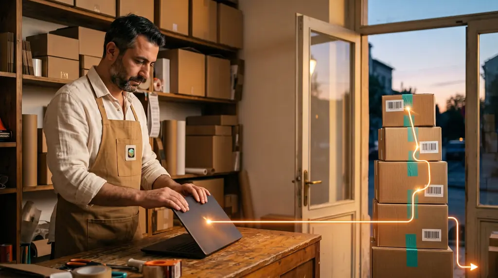 Dükkân sahibi akşam laptopu kapatıyor; Shipzone panelinden etiketlenen koliler kapının yanında hazır, ışık çizgisi etiketlerden kapının altından sokağa çıkıyor.