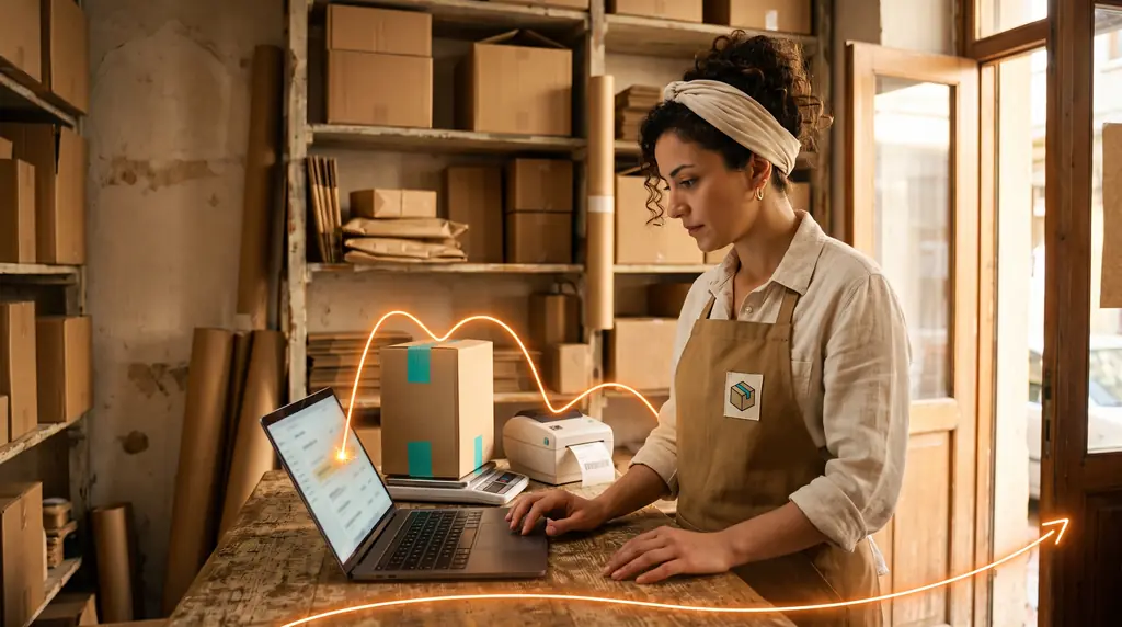 Dükkânın ortağı laptopta Shipzone'daki kargo tekliflerini karşılaştırıyor; seçilen satırdan tartıdaki koliye, oradan etiket yazıcısına ve kapıya uzanan ışık çizgisi.