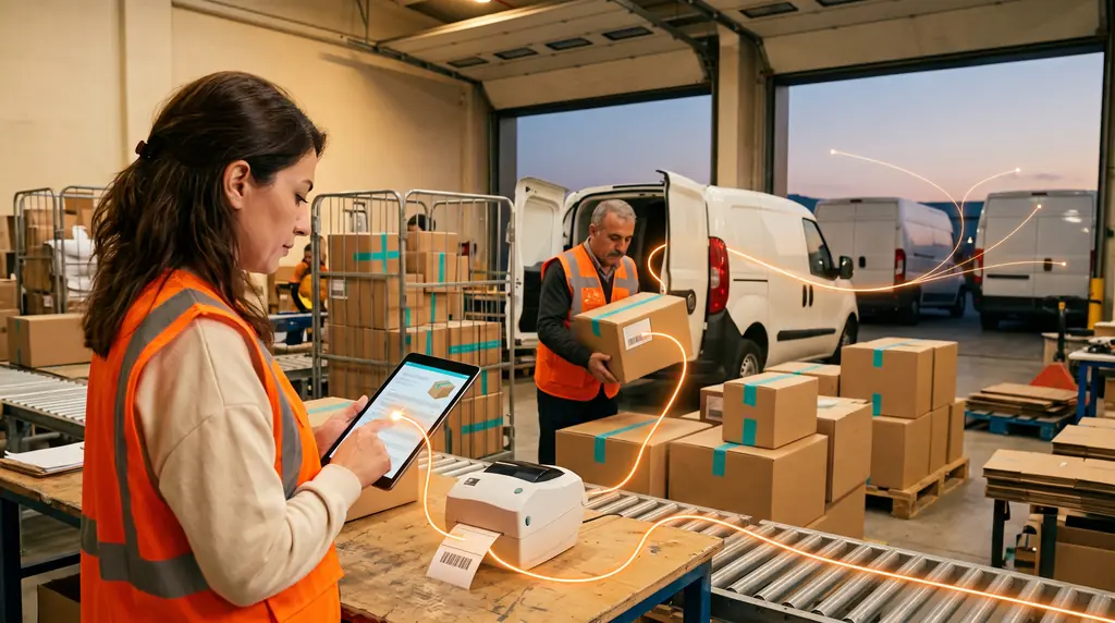 Turuncu yelekli vardiya sorumlusu Shipzone toplu gönderi listesini tabletten onaylıyor; yazıcıdan çıkan etiket koliye, koli bekleyen araca geçiyor ve rota kapıdan üç yöne ayrılıyor.